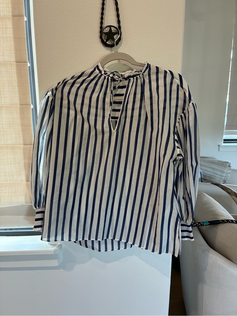 Alice + Olivia Navy and White Striped Peasant Blouse
